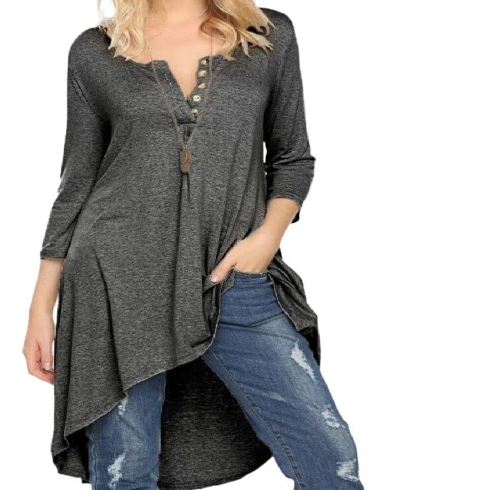 Naggoo Womens Button V-Neck Casual Long Tunic Top Shirt Gray  3/4 Sleeve M‎ NEW